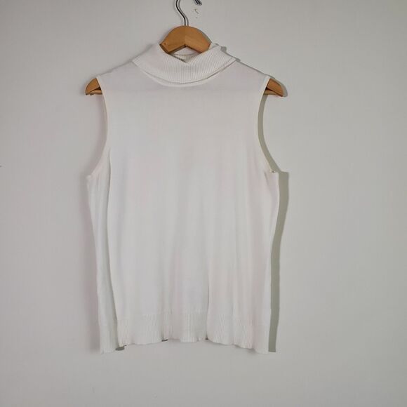 Cable & Gauge Sweater Large White Turtleneck Sleeveless Capsule Wardrobe Minimal - Picture 1 of 12